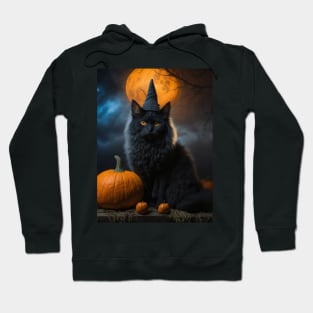 A sleek black witch cat on Halloween night Hoodie